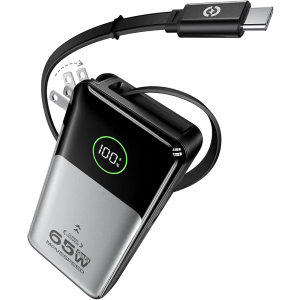 MOVE SPEED Portable Charger Laptop Power Bank 20000mAh 65W, Travel Essentials Battery Pack with Built-in Retractable USB-C Cable & Wall Plug, for MacBook/iPhone 17/16/15/iPad/Galaxy/Dell/HP and More