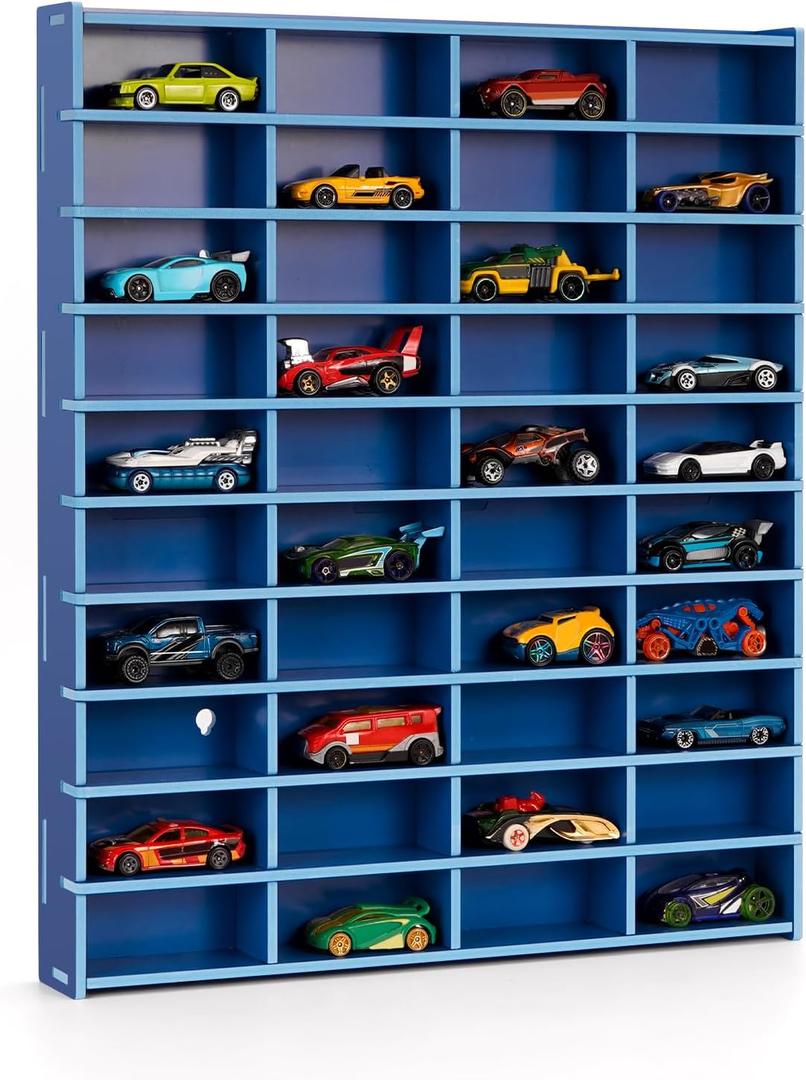 Toy Car Display Shelf, Holds 40 Diecast 1/64 Toy Cars, Wall Mount Model Car Storage Organize Case, Blue
