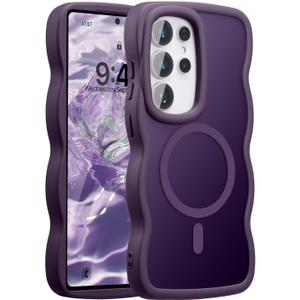 UEEBAI Magnetic for Samsung Galaxy S25 Ultra 5G Case, Cute Cover Compatible with MagSafe, Transparent Clear Wave Design Wavy Frame Matte Phone Case- Purple