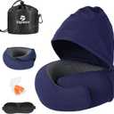 Travel Pillow - Hooded Neck Pillow Airplane Memory Foam Filling for Plane, Office, Cars Sleeping, Road Trip, Long Flights, Airplane Travel Essentials, Includes Eye Mask & Earplugs (Navy)