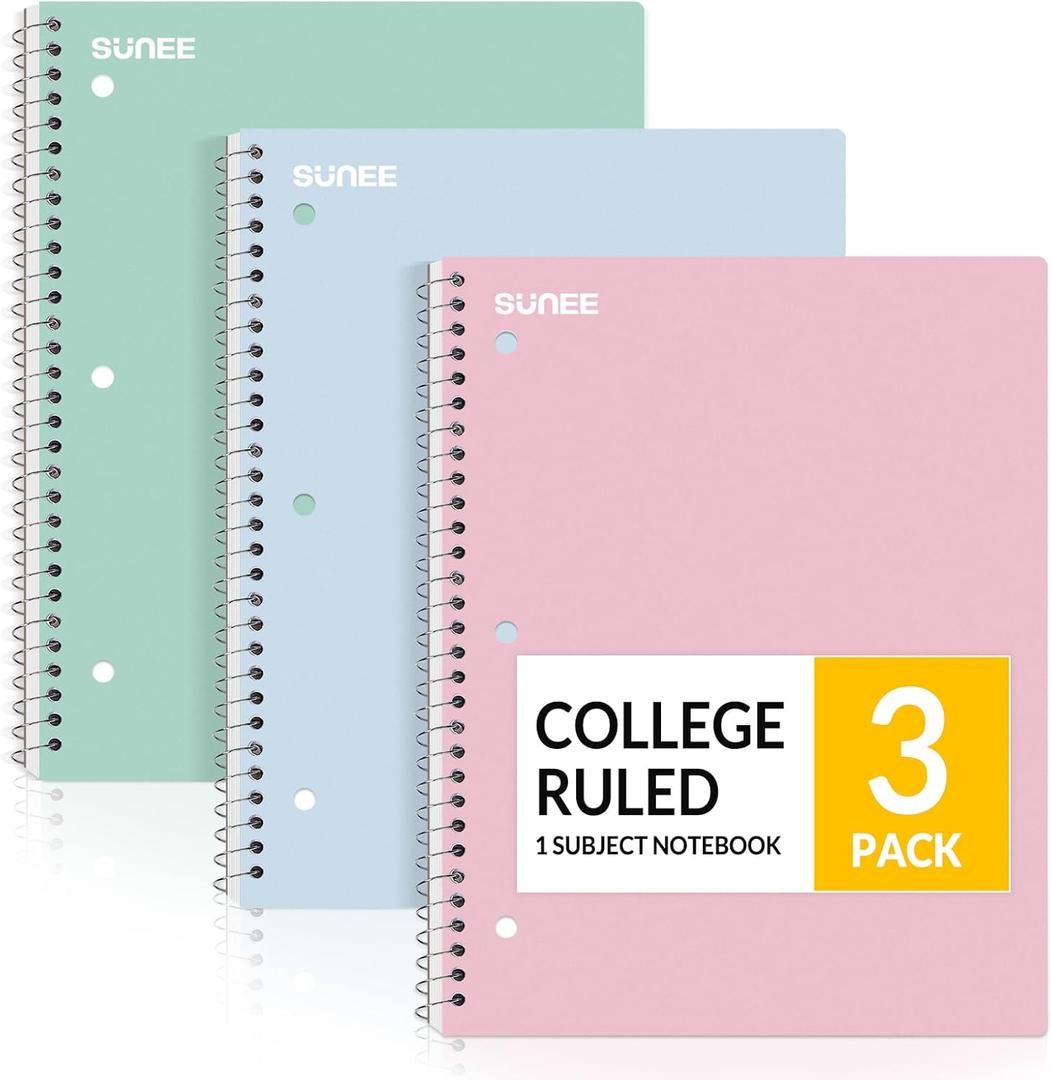 SUNEE Spiral Notebooks, 3 Pack, 1-Subject, College Ruled Paper, 8" x 10-1/2", 70 Sheets per Notebook, Assorted Pastel Colors Spiral Notebooks for School