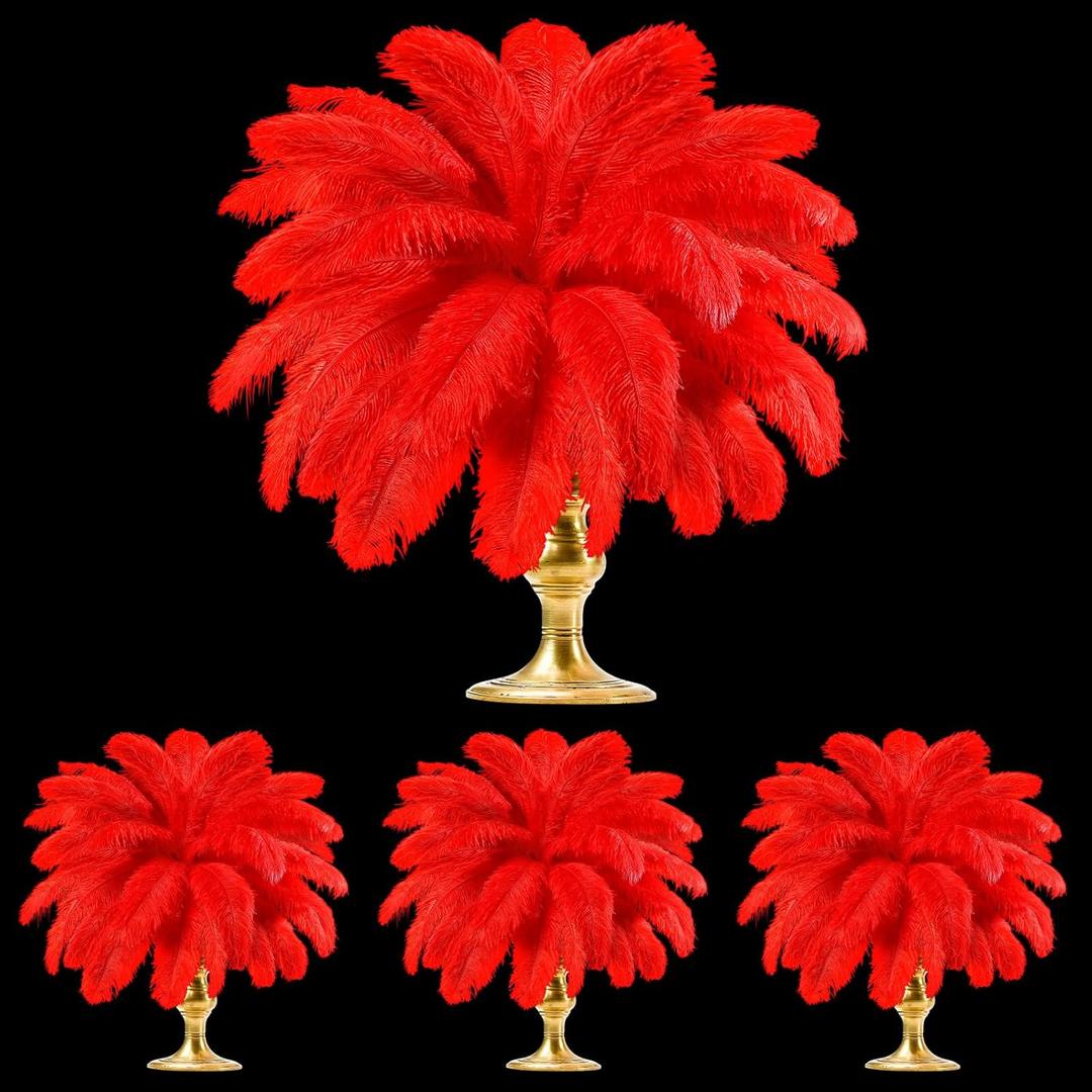 TaoBary White 60 Pcs Red Natural Ostrich Feathers Plumes for Valentine's Day Wedding Birthday Party Red Centerpieces 12-14, 10-12, 8-10 Inches Vase Feathers Flower Arrangement Decors DIY Crafts