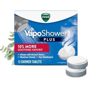 Vicks, VapoShower Plus, Shower Steamers, Eucalyptus Shower Steamer & Menthol Scent, Clean Dissolving Vapor Shower Tablets, Aromatherapy Shower Steamer & Shower Bombs, 12 count