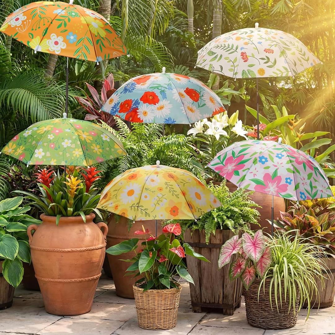 Hillban 6 Pack Plant Shade Umbrellas for Outdoor Plants 23.6" Large Garden Umbrella Shade for Potted Flower with Adjustable 40" H Sunshade Cover for Patio Garden Bed Flowers(Floral Pattern)