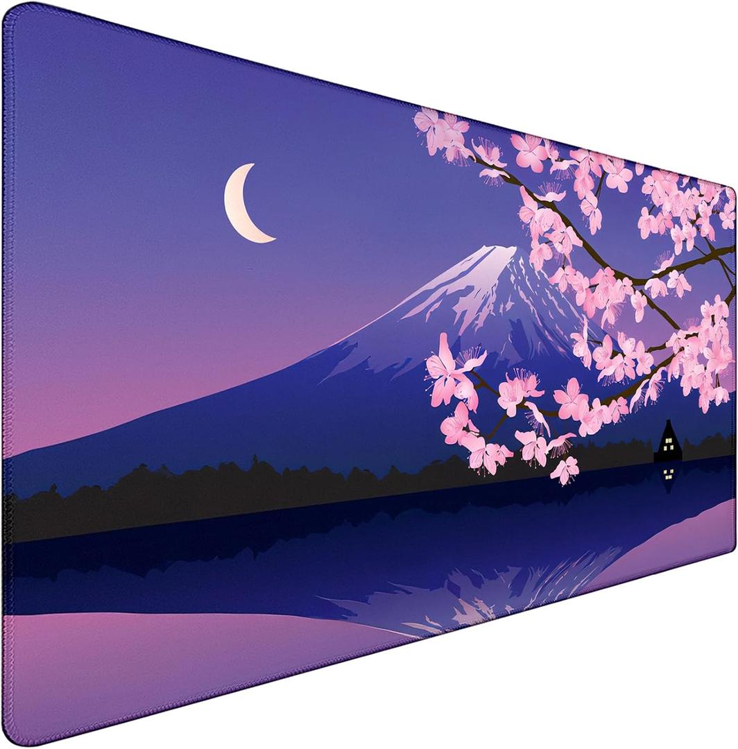 Large Extended Gaming Mouse Pad with Stitched Edges, Non-Slip Waterproof Rubber Base Mouse Pad for Office, Computer, Laptop and Home Mousepad 31.5 x 15.7 Inch, Japanese Sakura