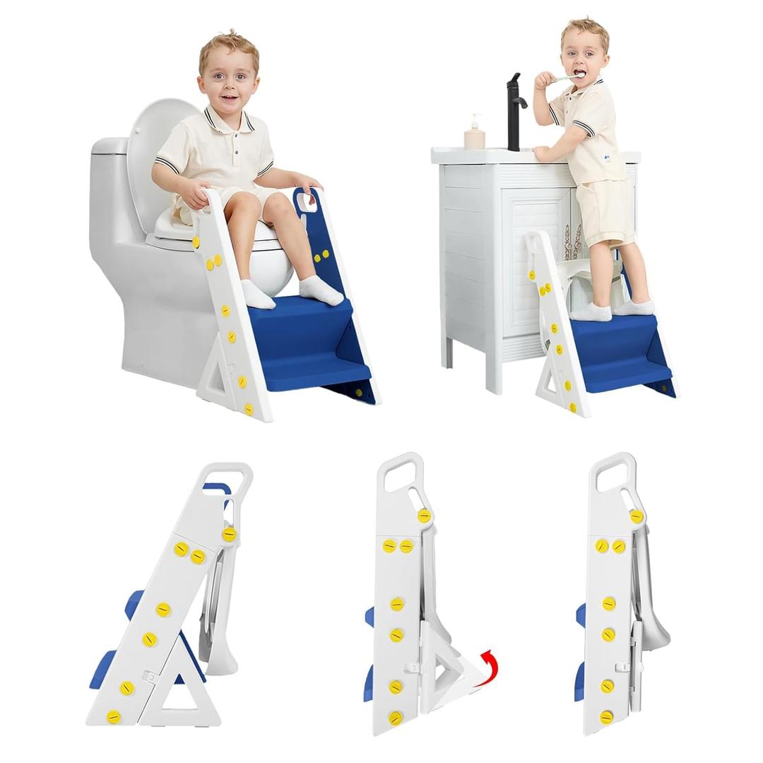 Primlect Space-Saving Potty Training Seat with Ladder, Adjustable Step and Toilet Seat Height, Top Handles for Easy Climbing, Easy to Carry, Portable Toddler Toilet Trainer for Small Bathrooms (Blue)