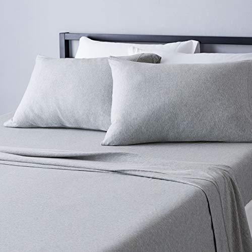 Amazon Basics 4 Piece Breathable 100% Cotton Jersey Knit Bed Sheet Set, Includes Flat and Fitted Sheets, Pillowcase, Stretchy, Full, Light Gray, Solid