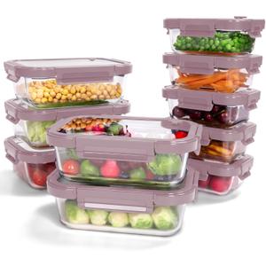10-Pack Glass Food Storage Containers with Tempered Lids Borosilicate, Airtight, Oven-Safe (-4F~950F), BPA-Free, 4.4 & 1.6 Cup, Leak-Proof, Dishwasher Safe (Pink)
