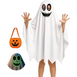WERFORU Kids White Ghost Costumes with Pumpkin Basket Boo Ghost Cloak for Spooky Halloween Cosplay