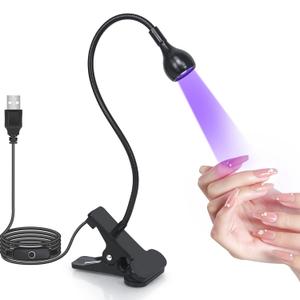 UV Nail Lamp - UV Light for Gel Nails, LED Gooseneck Flash Cure Lamp for Nails, Manicure Dryer Black Light with Clamp, 365+395nm Wavelength 5V 3W 4 Levels Dimming