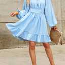 Dokotoo Womens Dress Long Lantern Sleeve Square Neck Tie Backless Sexy Dress Ruffle Elastic Waist A-Line Mini Dress (Blue, M)