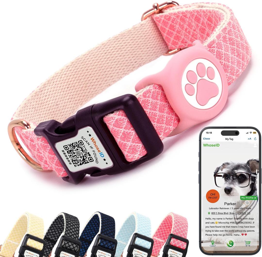 WhoseID Dog Collar with Waterproof AirTag Holder & Anti-Lost QR Code, Cute Bling Warpping Adjustable Width for Small Medium Large Pet (Red, L)