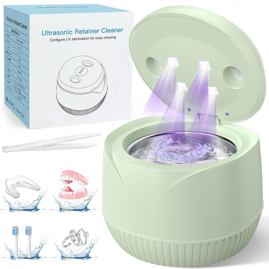 Dental Ultrasonic Retainer Cleaner Machine: 45kHz Dental Cleaning Pod with Digital Timer & 200ML, Cleaning for Dentures, Mouth Guards, Aligners, Night Guards, Braces, Toothbrush Heads & Jewelry, Green