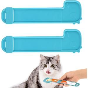 Pack of w2pcs Cat Strip Feeders, Cartoon Cute Happy Cat Strip Squeeze Spoon Holder Multifunctional Cat Treat Dispenser for Wet Food Liquid Snack Puree Feeding Pet Supplies (Blue) 