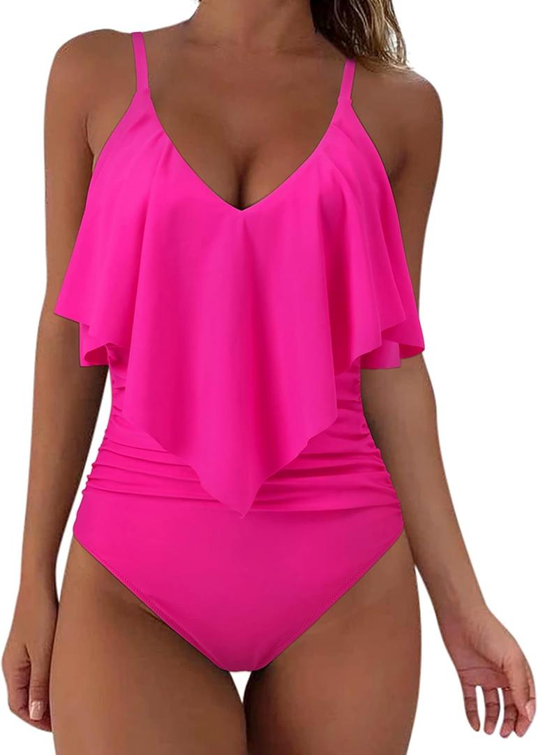 SUUKSESS Women Slimming Ruffle One Piece Swimsuits Ruched Tummy Control Bathing Suits (Large, #1 Hot Pink)