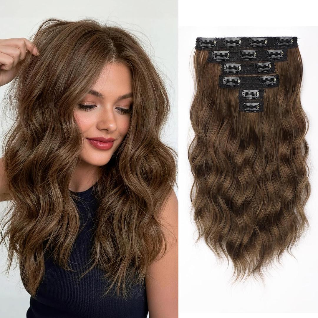 KooKaStyle Short Hair Extensions 6PCS 14 Inch Wavy Curly Hairpieces Synthetic Soft Lace Weft Clip in Hair Extensions-Rich Medium Brown for Women