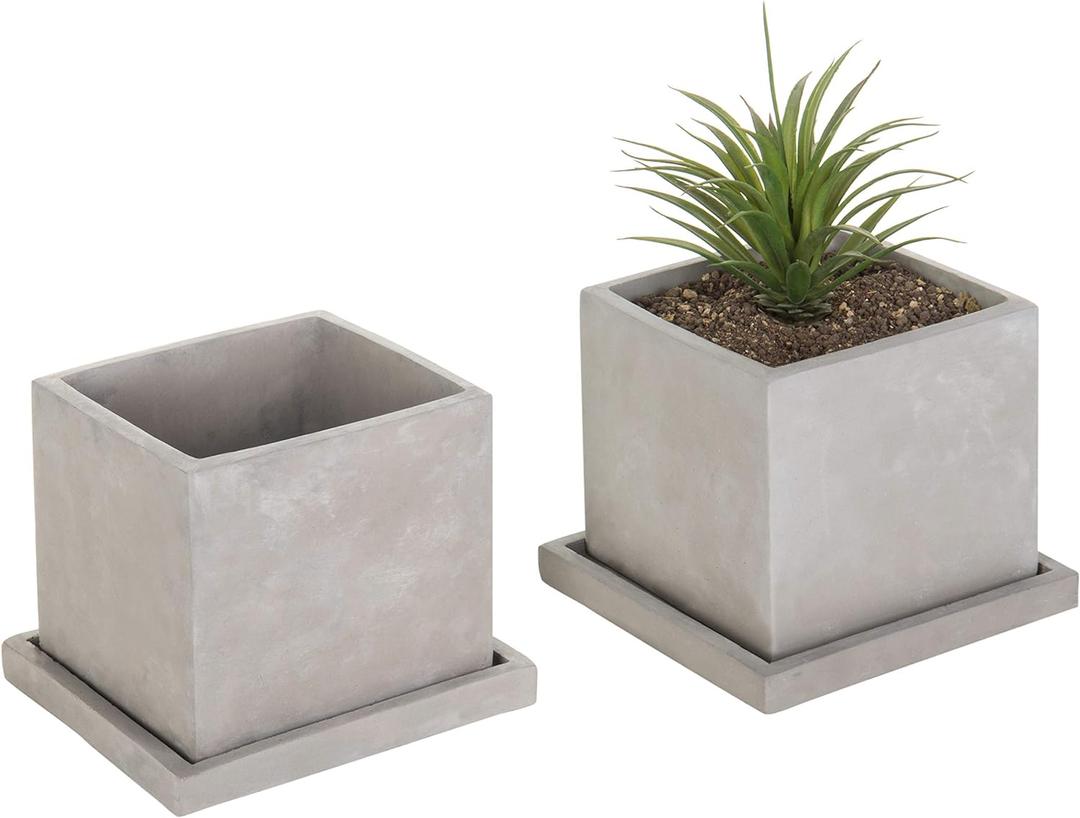 MyGift 5-Inch Square Light Gray Cement Plant Pot with Drainage, Small Flower Succulent Planters with Removable Saucer Trays, Set of 2