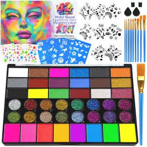 Professional Face Painting Kit  42 Color Water Activated Facepaint Makeup Kit, Non-Toxic face Paint with Stencils, Gems, Brushes for Halloween, Parties, Carnival, Festivals & Creative Events (42 Colors - 32 Piece Set)