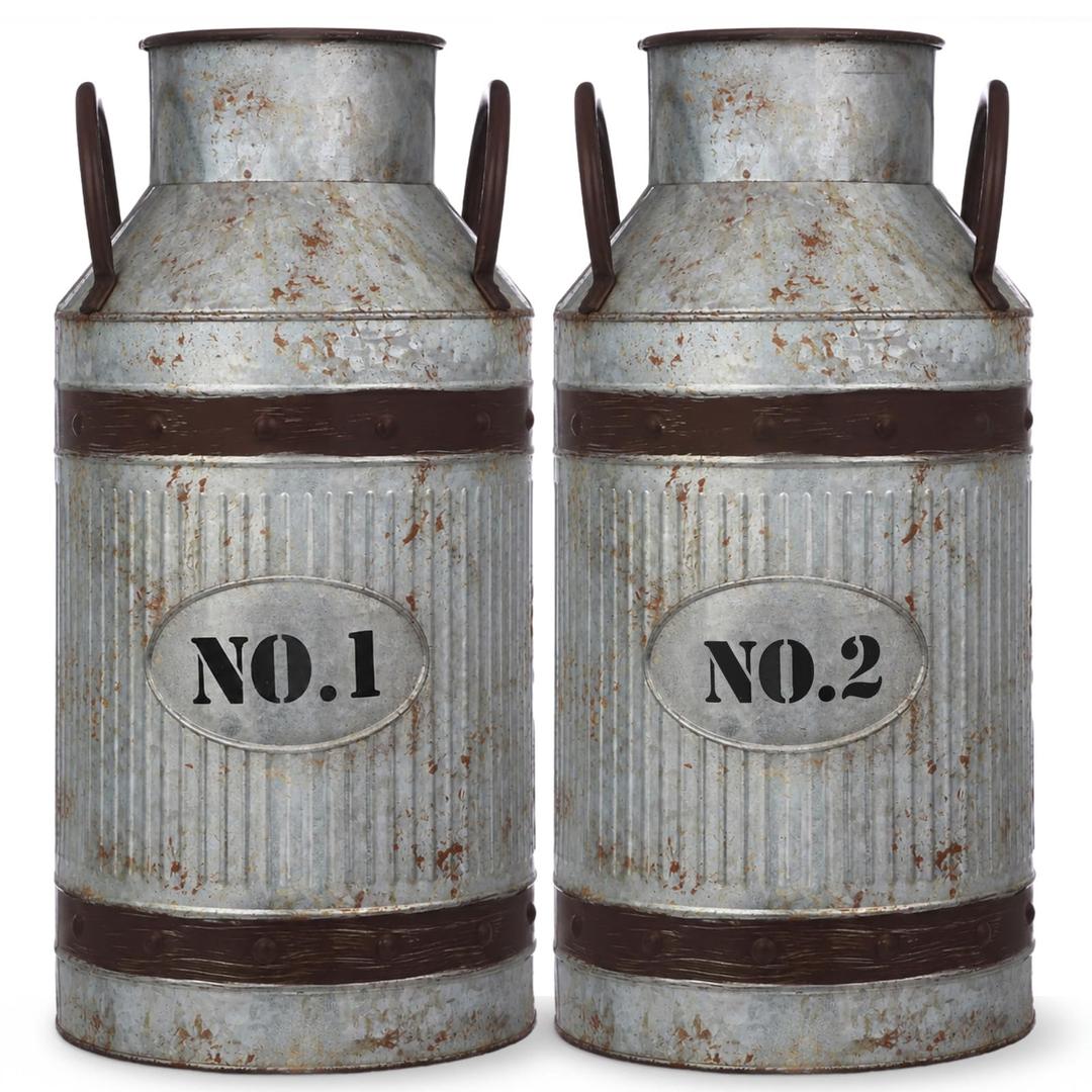 2 Pcs 15.2'' Large Rustic Galvanized Metal Milk Can Vase with Handle