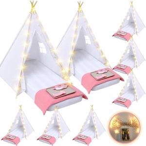 Windyun 8 Pack Kids Teepee Tent for Slumber Party with Mattress,Light String,Airbed Fitted Sheet,Sleepover Tent for Girls Boys Party,Kids Play Playhouse Indoor Outdoor(White)