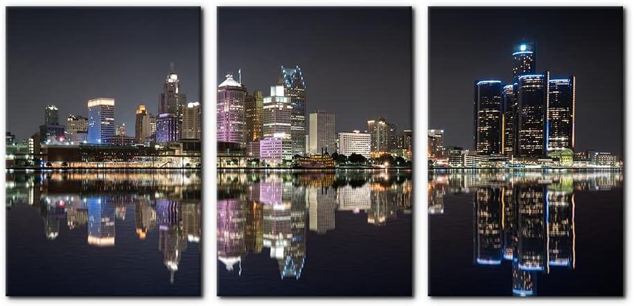 3 Pieces Panoramic Detroit Cityscape Picture Black and White Michigan Night Skyline Canvas Art Prints Wall Decoration for Bedroom Office Stretched and Framed Ready to Hang - 16"x24"x3 Panels (16" x 24" x 3 Panels, Wallart-15)