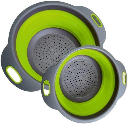 Green Kitchen Strainer Colander Set - 2 PCS Multifunctional Colander Silicone Food Strainers for Kitchen for Pasta and Spaghetti Collapsible with Plastic Handles