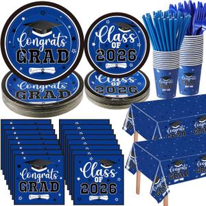 Funnymoom 452 Pcs Class of 2026 Black Blue White Graduation Decoration for 50, Navy Blue Graduation Paper Plates Napkins Cup Tablecloth Cutlery Straw for College High School Congrats Grad Party Supply