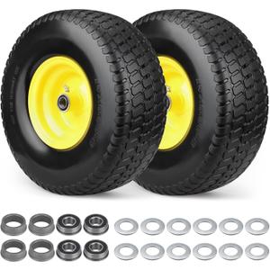 2 Pcs 15x6.00-6nhs Flat Free Lawn Mower Tire and Wheel,15x6-6 Lawn Mower Tire with 3/4" & 5/8" Bearing-1"Bushings,3" Centered Hub,Compatible with John Deere Husqvarna Riding Mowers Lawn Tractors