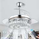 FRIXCHUR 42" Dimmable Fandelier Led Crystal Chandelier Ceiling Fans with Lights and Remote Moon Shape Retractable Chandelier Ceiling Fan for Bedroom Living Room Dining Room 30W*2 (9010Chrome)