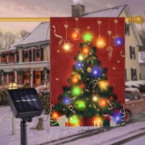 Solar LED Christmas Tree Flag, Lighted 28x40 Double Sided Merry Christmas Flag for Outdoor Yard Garden Lawn House Decoration