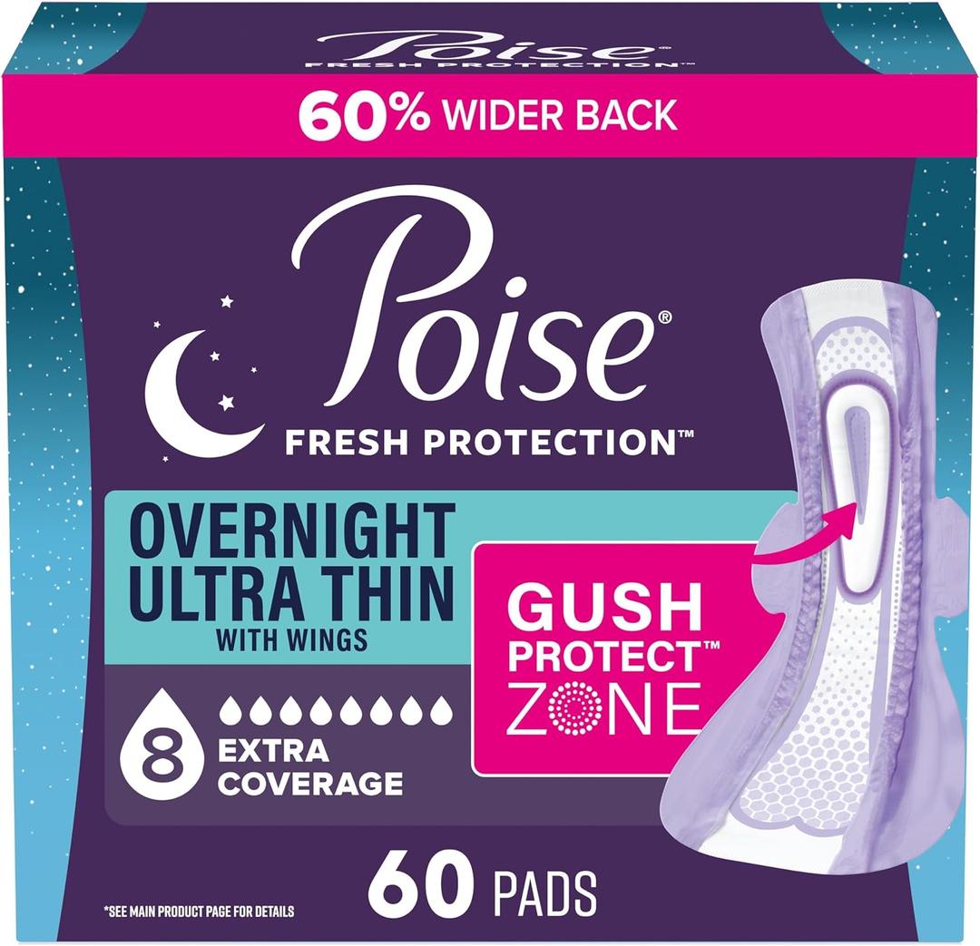 Poise Overnight Ultra Thin Incontinence & Postpartum Pads with Wings for Bladder Leaks, 8 Drop Extra Absorbent, Long Length, 60 Count (3 Packs of 20)