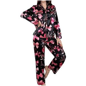 Verdusa Women's Silk Pajamas 2 Piece Satin Cute Bow Long Sleeve Button Down Shirt and Pants Lounge Set XL