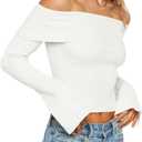 Goranbon Women's Off Shoulder Ribbed Knit Crop Sweaters Cute Wrap Long Sleeve Slim Pullover Jumper Tops (White)