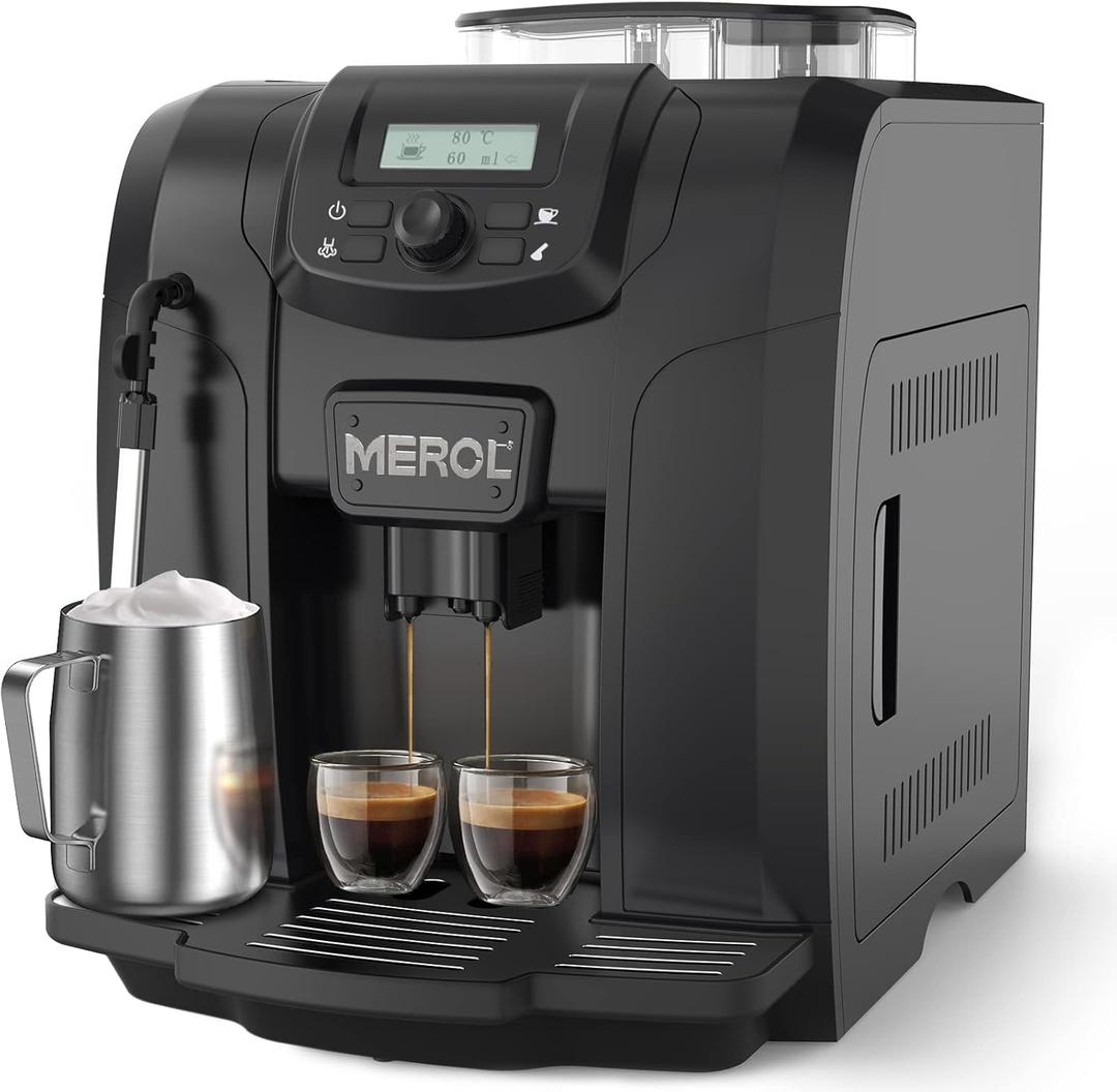 MEROL Fully Automatic Espresso Coffee Machine, 19 Bar Cafe Maker Built-in Adjustable Grinder and Manual Milk Frother Steam Wand, for Cappuccino Latte Macchiato, for Coffee Lover, ME-715, Black
