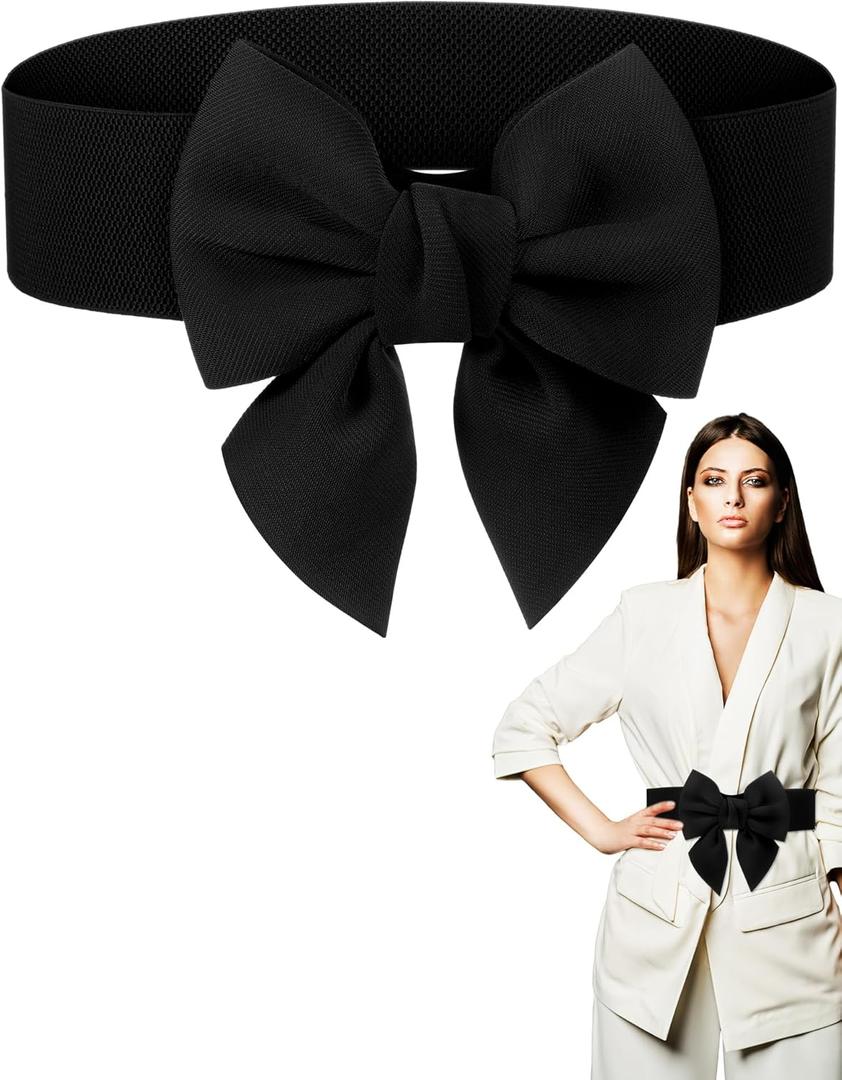 Geyoga Women Bow Belt Elastic Waist Belt Bowknot Stretchy Corset Dress Sash 2.4'' Wide (Large, Black)