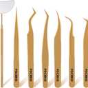 Lash Tweezers for Eyelash Extensions, Professional Eyelash Tweezer Set, Lash Extension Tweezer Kit (Set of 7, Gold)