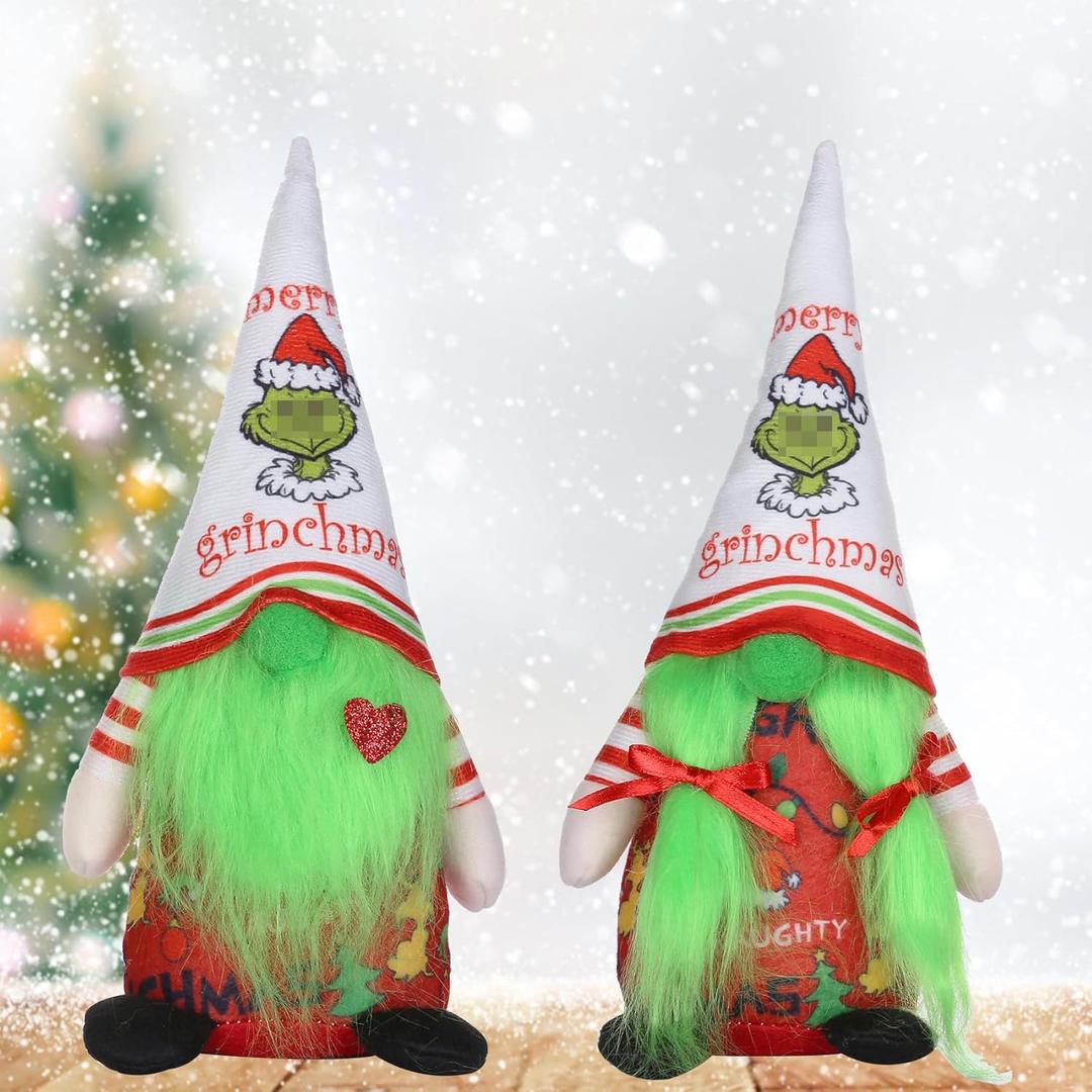 2Pcs Christmas Gnome Decorations Indoor, Cute Handmade Christmas Green Garinchmas Gnomes Ornaments Santa Swedish Tomte Nisse Plush Scandinavian Doll Decor for Women Men Home Table Room Party Gift