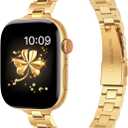 WFEAGL Slim Metal Watch Band Compatible with Apple Watch 38mm 40mm 41mm 42mm(Series 10), Dressy Stainless Steel Strap for Women iWatch Bands Series10/9/8/7/6/5/4/3/2/1/SE (Gold)