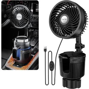 2 in 1 USB Fan Cup Holder Expander, 6Inch Portable Vehicle Cooling Fan, 360 Degree Rotatable, 2 Speed, USB Powered for Car, Vehicle, SUV, RV, Truck, Office