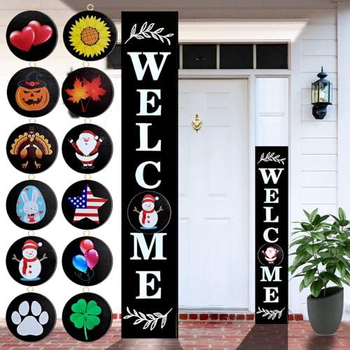 Consevisen Welcome Sign for Front Door Porch Standing, Interchangeable 47 x 7.9 Inch Outdoor Vertical Wooden Welcome Sign with 12 Seasonal Icons for Spring Fall Christmas Easter Farmhouse Home Decor