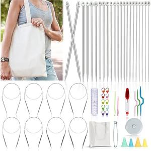 Katech Knitting Needles Set for Beginners, 9 Pairs Circular Knitting Needles Set and 22 Pcs Single Pointed Knitting Needle Set with Tote Bag Knitting Accessories Knit Supplies, Beige Color