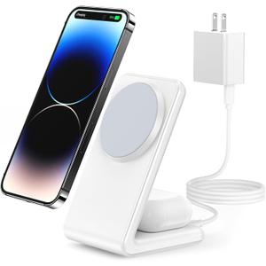2-in-1 for Magsafe-Compatible Charger Stand with PD 20W USB-C Charger Block & Cable, Fast Charging Wireless Charger Designed for iPhone 17 Pro Max/16/15/14/13/12, AirPods 4/3/Pro 3/Pro 2/Pro, White