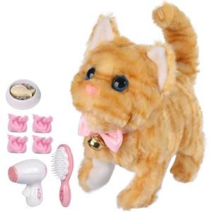 WorWoder Electronic Plush Interactive Cats for Kids That Move and Meow Waliking Lifelike Interactive Toy pet Stuffed Kitten for Girls Kids (Yellow Stripes)