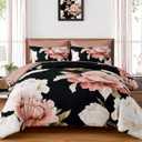 Dobuyly Black Queen Comforter, Pink Floral Printed on Black Comforter, Soft Microfiber Botanical Flower Comforter for All Season