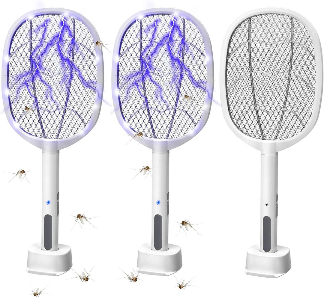 3 Packs Electric Fly Swatter Rackets, 2-in-1 Handhold Bug Zapper with 3000V High Voltage, Plug-in Mosquito Killer Insect Light Trap with 3 Layer Safety Mesh Portable for Indoor Outdoor Use