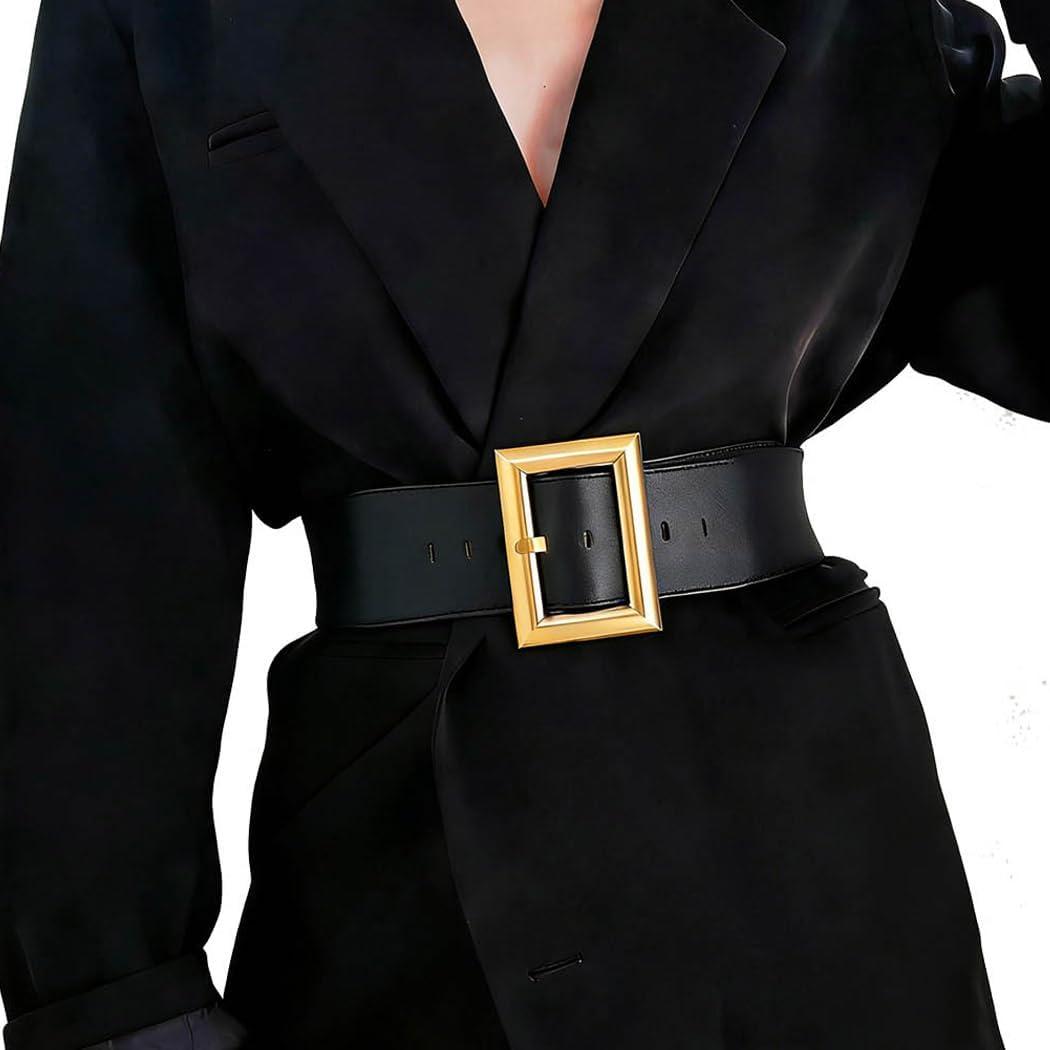 Yalice Wide Elastic Belt Women Gold Buckle Waist Belts for Dresses Retro Cinch Stretchy Belt for Ladies (Black, Fit Waist Size: 34''-39'')