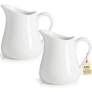 2 PCS Small Creamer Pitcher Set, 9 OZ Ceramics Creamer Pitcher with Handle for Farmhouse Kitchen Coffee Milk Sauces, White