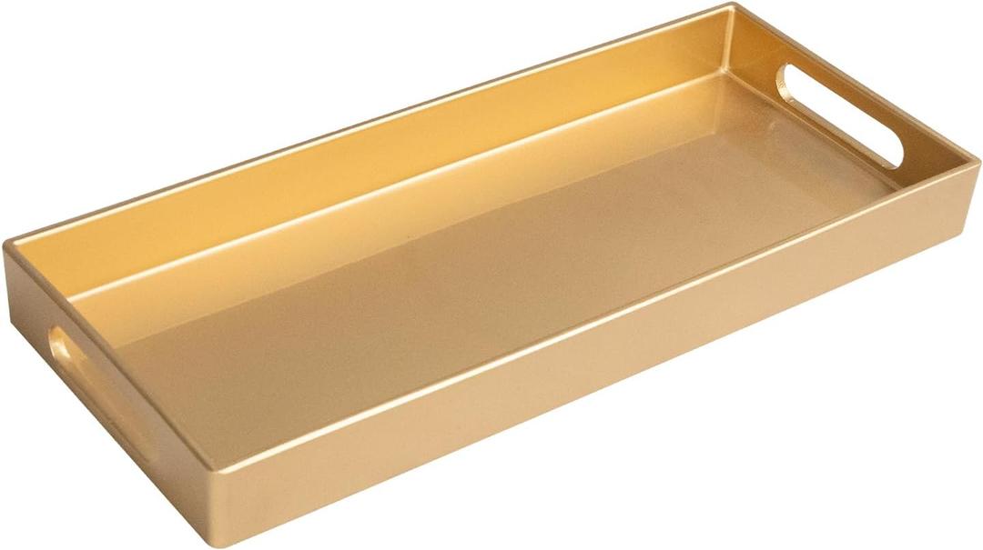 MAONAME Gold Vanity Tray, Plastic Decorative Tray, Rectangular Trays with Handles, Narrow Bathroom Trays for Toilet Tank, 13.8" X 6" X 1.57"