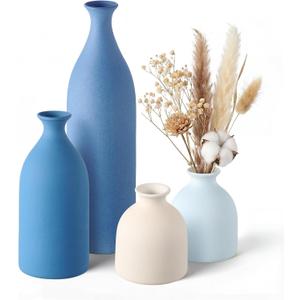 Dandat Blue Ceramic Vase Set of 4, Modern Decorative Ceramic Vases Rustic Pottery Centerpiece Table Decor for Farmhouse Bouquet Pampas Grass Dried Fresh Flowers, Living Room, Kitchen, Bedroom