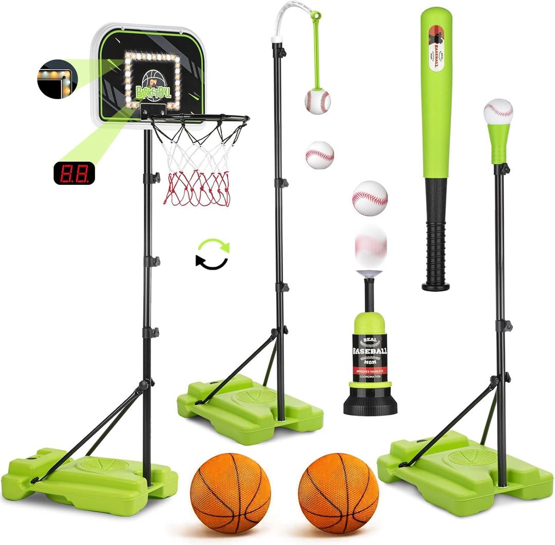 4 in 1 Kids Basketball Hoop and Tball Set for kids 3-5, Adjustable Height Toddler Basketball Hoop, Hanging Tee Baseball with Automatic Pitching Toddler Birthday Gift Outdoor Toys for 3-12 Years Old